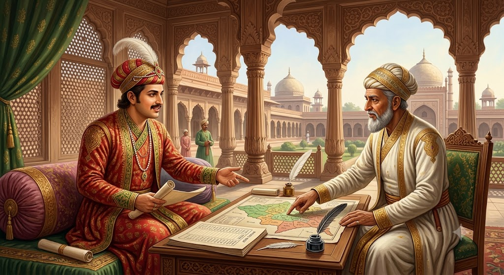Conceptual Artwork: Emperor Akbar and Raja Todar Mal Discussing State Revenue
